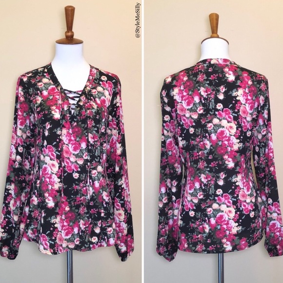 Guess black floral lace-up front blouse Dark romantic blouse Whimsigoth top - Picture 1 of 5